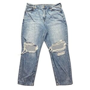 American Eagle Mom Jeans Ripped Distressed Denim Light Wash Sz 16 Short Fits 35"